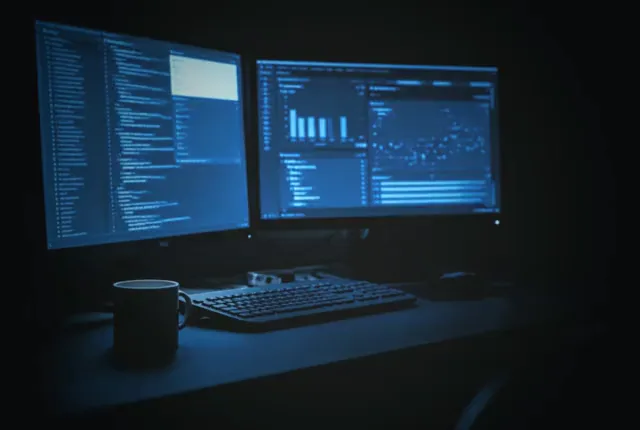 A night workshop desk with two monitors glowing as the system takes shape