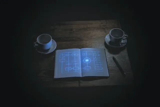 Two coffee cups facing each other and an open notebook where a glowing map of a business week is being drawn