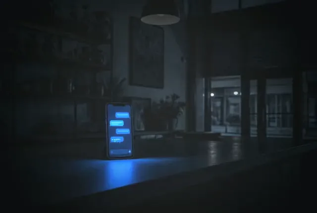 Closed shop counter at night: a phone screen glows as the AI agent answers a customer