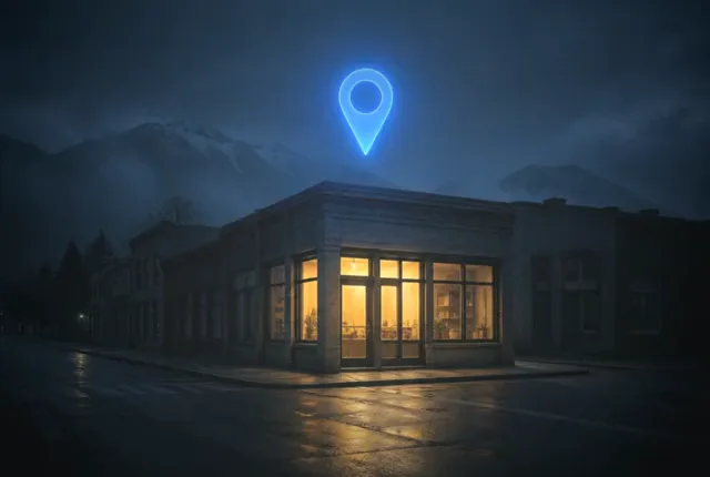 A corner storefront at blue hour, the only lit shop on the block, marked by a glowing map pin