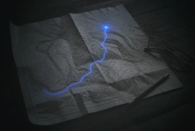 A paper topographic map on a dark table with a glowing route drawn from valley to summit