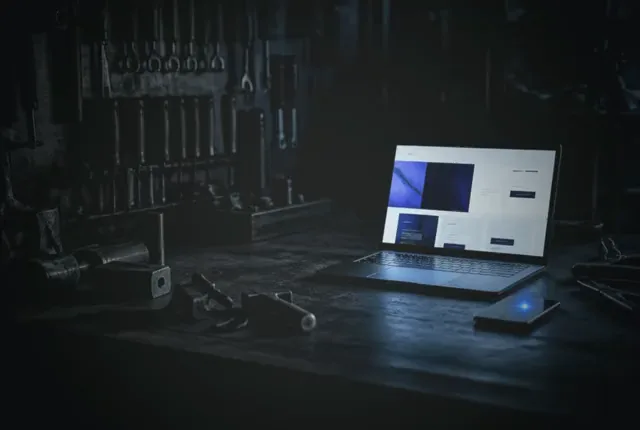 A tradesperson's workbench at night: a laptop glows as a new booking arrives
