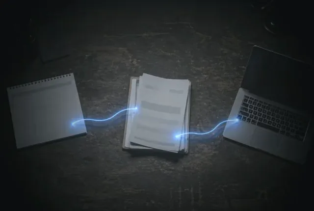 A single thread of light connects a paper calendar, invoices and a laptop across a dark desk
